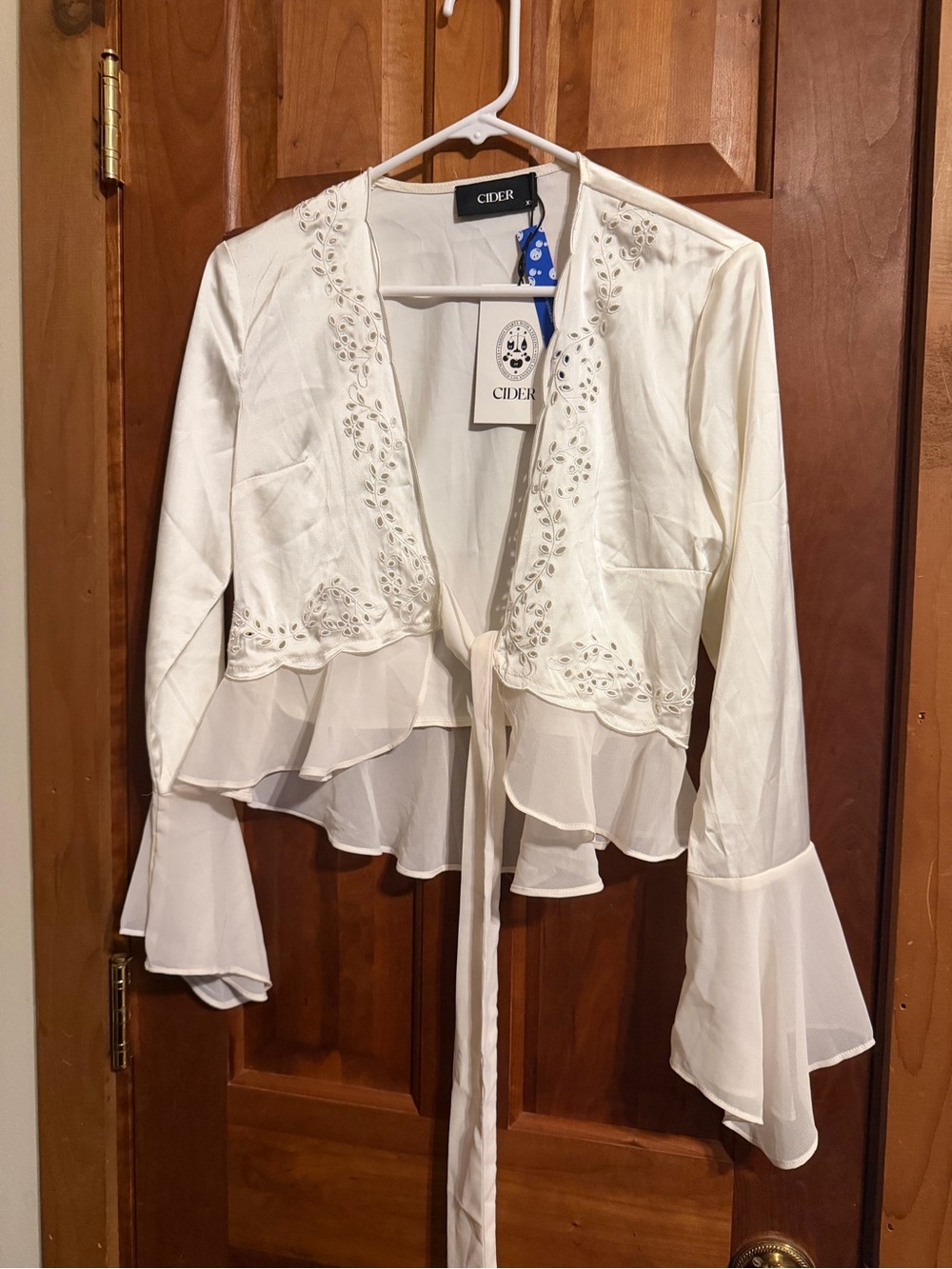 Cider Cream Embroidered Tie-Front Ruffle Blouse